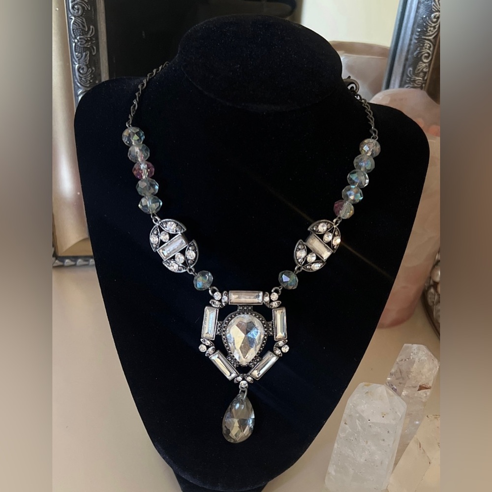 Vintage Stainless Silver Rhinestones Statement Necklace
